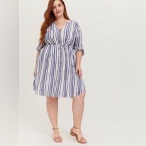 TORRID Sz 3 Blue & White Stripe Zip Front Drawstring  Shirt Dress New with Tags